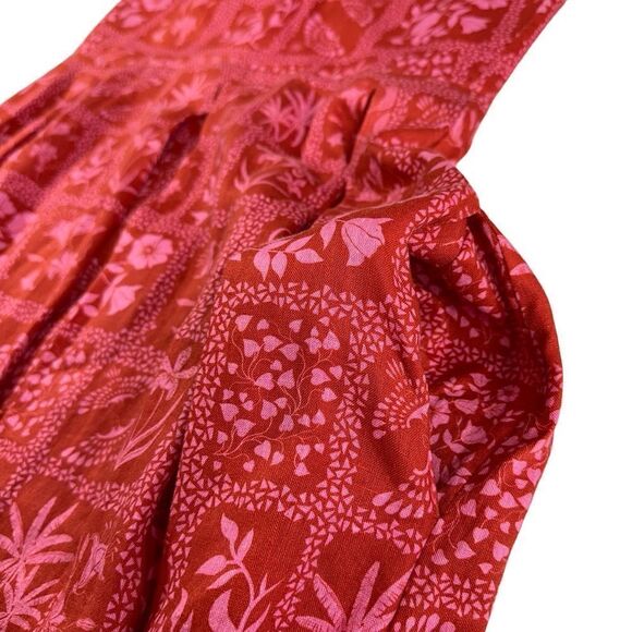 Agua Bendita Red Mambo Ipanema Escarlata Red Linen Printed Midi Summer Dress, XL - Picture 8 of 16